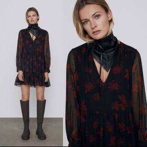 Zara Red & Black Floral Chiffon Mini Dress Size Medium The Silvia Dress Ruffles